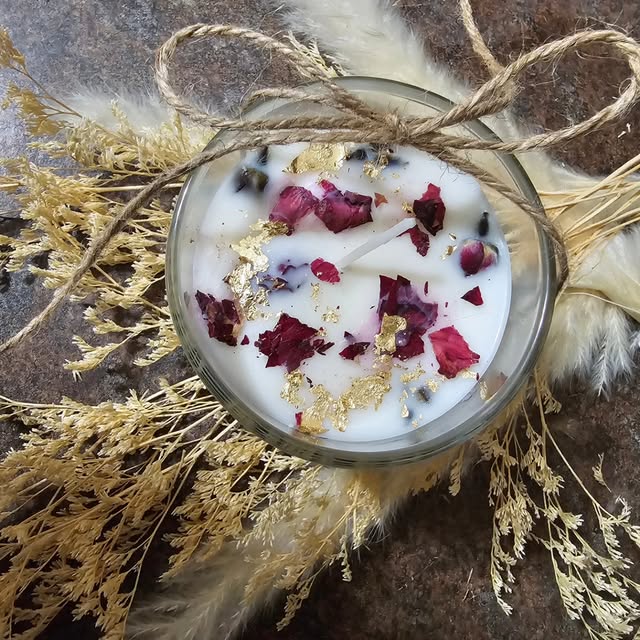White soy candle topped with dried rose petals and gold leaf
