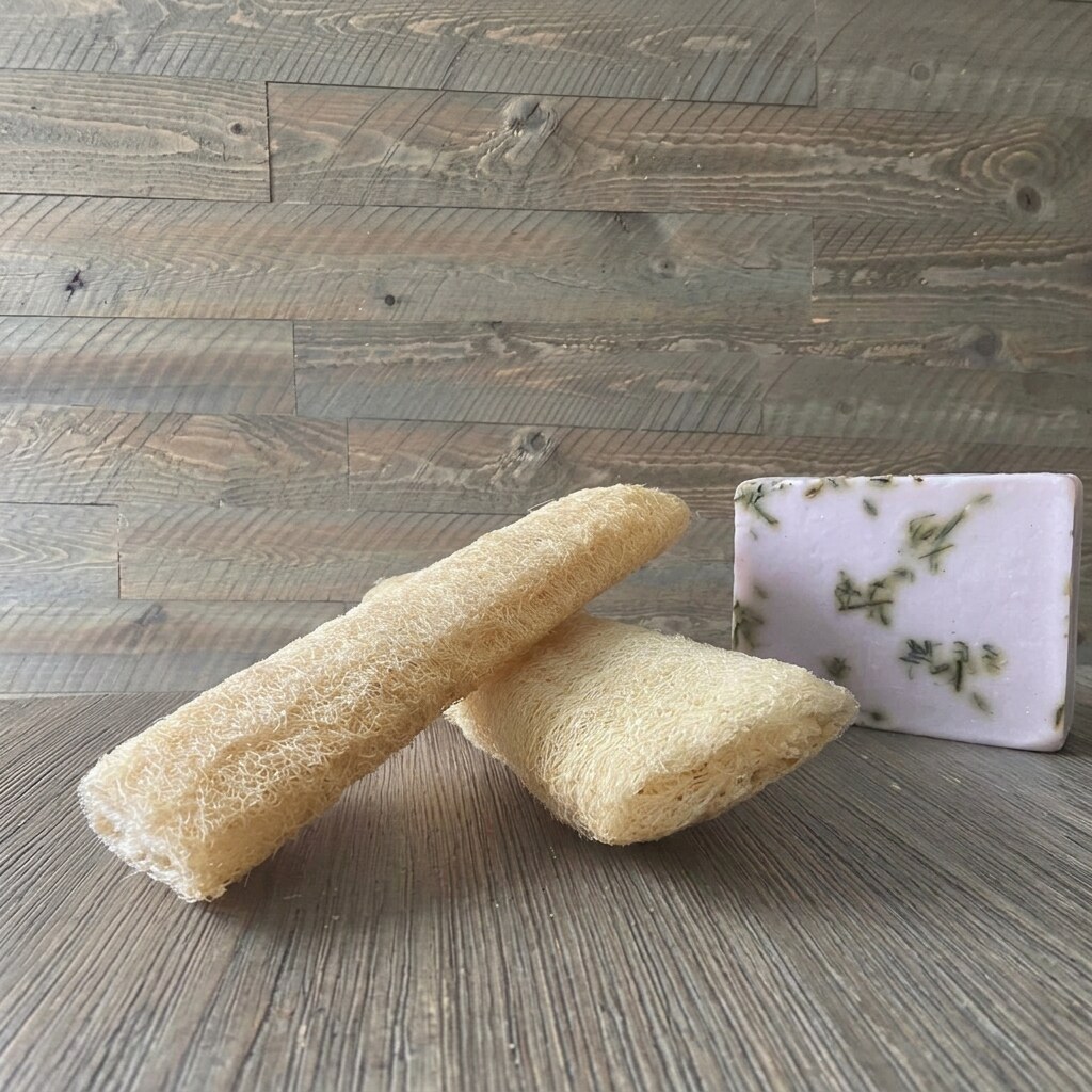 Two natural loofahs beside a handmade soap bar