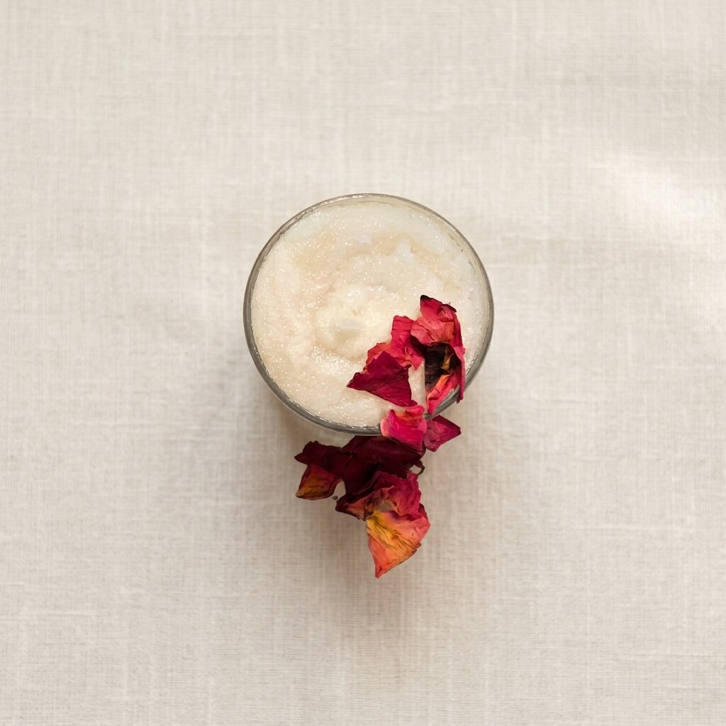 Rose-scented body scrub in a glass jar with dried rose petals